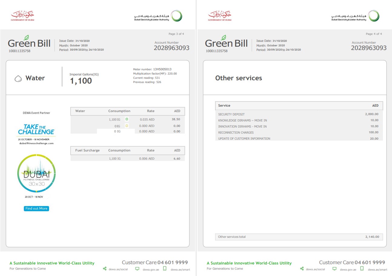 UAE Dubai Electricity & Water Authority utility bill template in Word and PDF format (4 pages) 3 4